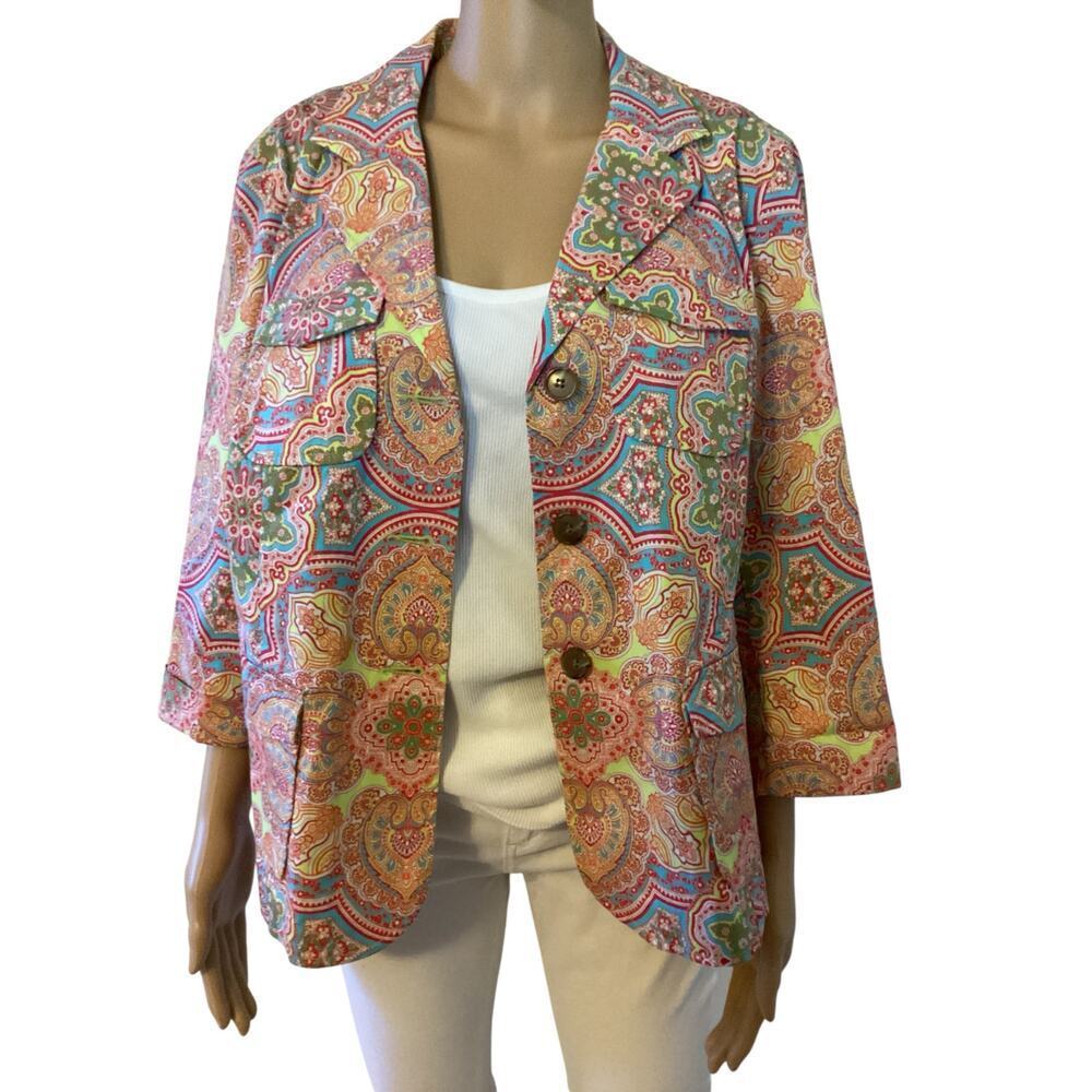 Charter Club Paisley Blazer Jacket three-button front closure 3/4 length sleeves